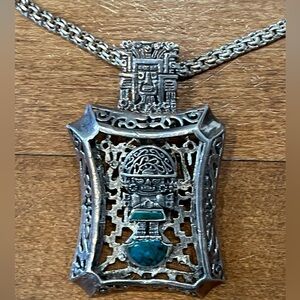 Ornate Silver Pendant Necklace with Turquoise Accent Sterling Silver
